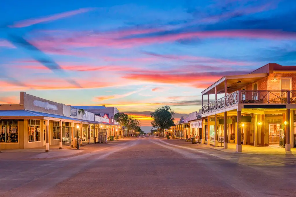 Tombstone, Arizona an old western town at sunset.